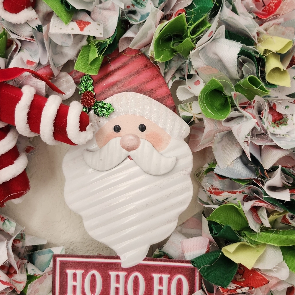 12" Christmas Rag Wreath Santa Face & Candy Canes with Green Lights - Picture 5 of 9